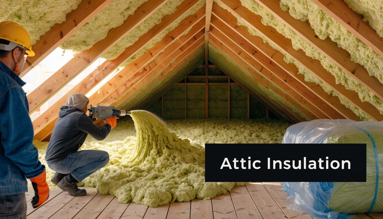 A professional contractor sprays foam insulation into an attic space while a supervisor watches nearby.