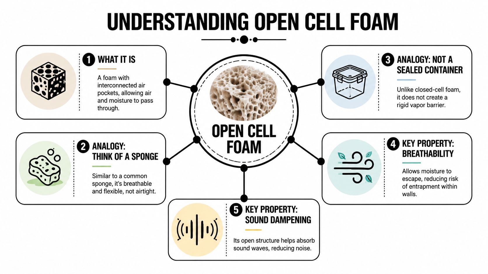 An infographic titled Understanding Open Cell Foam, explaining its properties, breathability, sound dampening, and sponge-like structure.