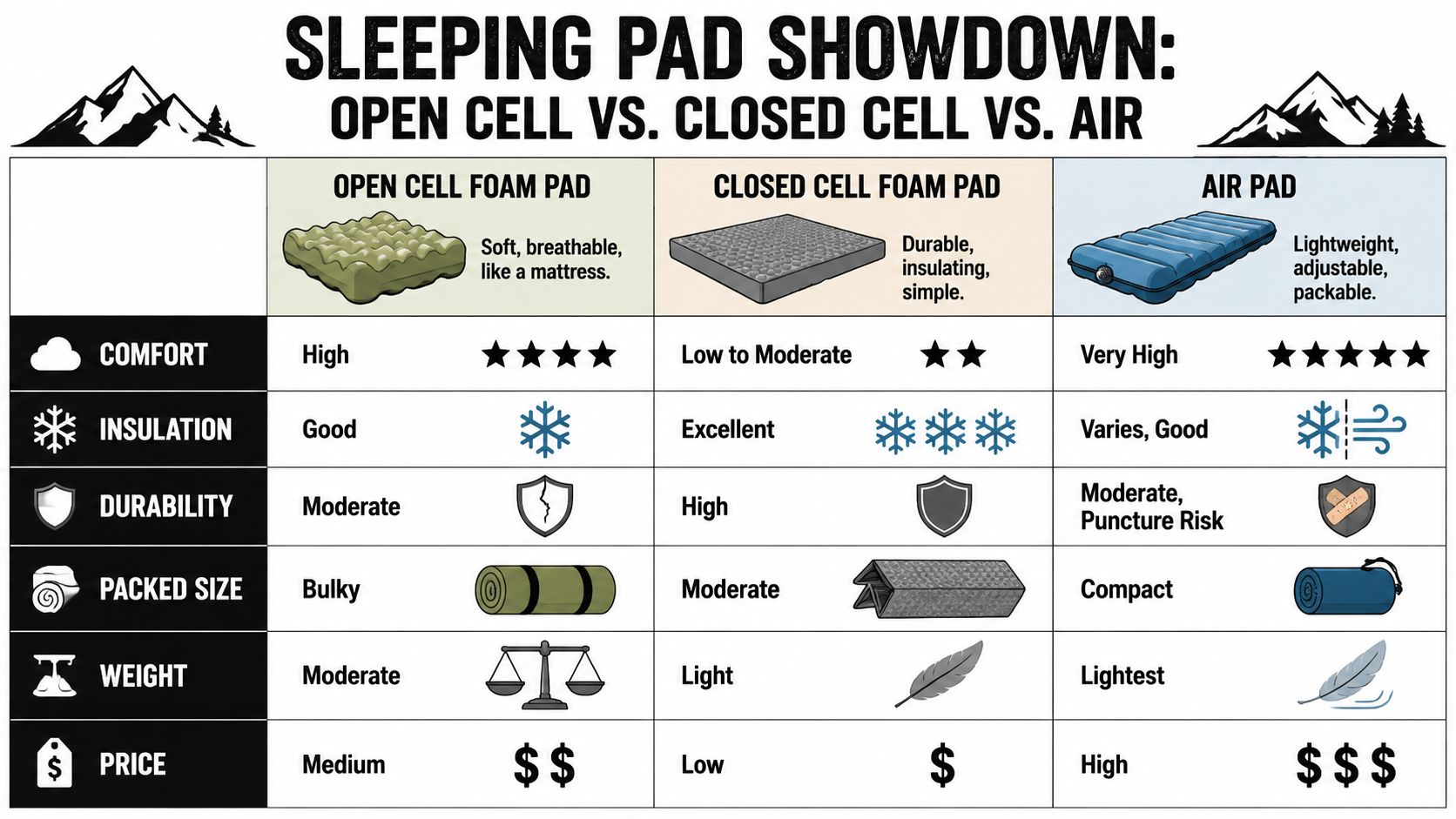A comparison chart showing features like comfort, insulation, and durability for open cell, closed cell, and air sleeping pads.