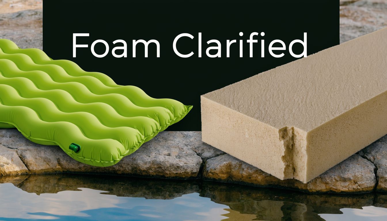 A green inflatable sleeping pad next to a beige open-cell foam block on a rocky ledge.