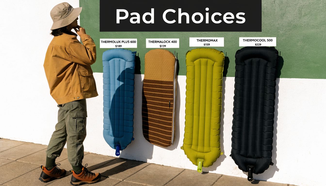 A person standing in front of a wall displaying four different models of camping sleeping pads.