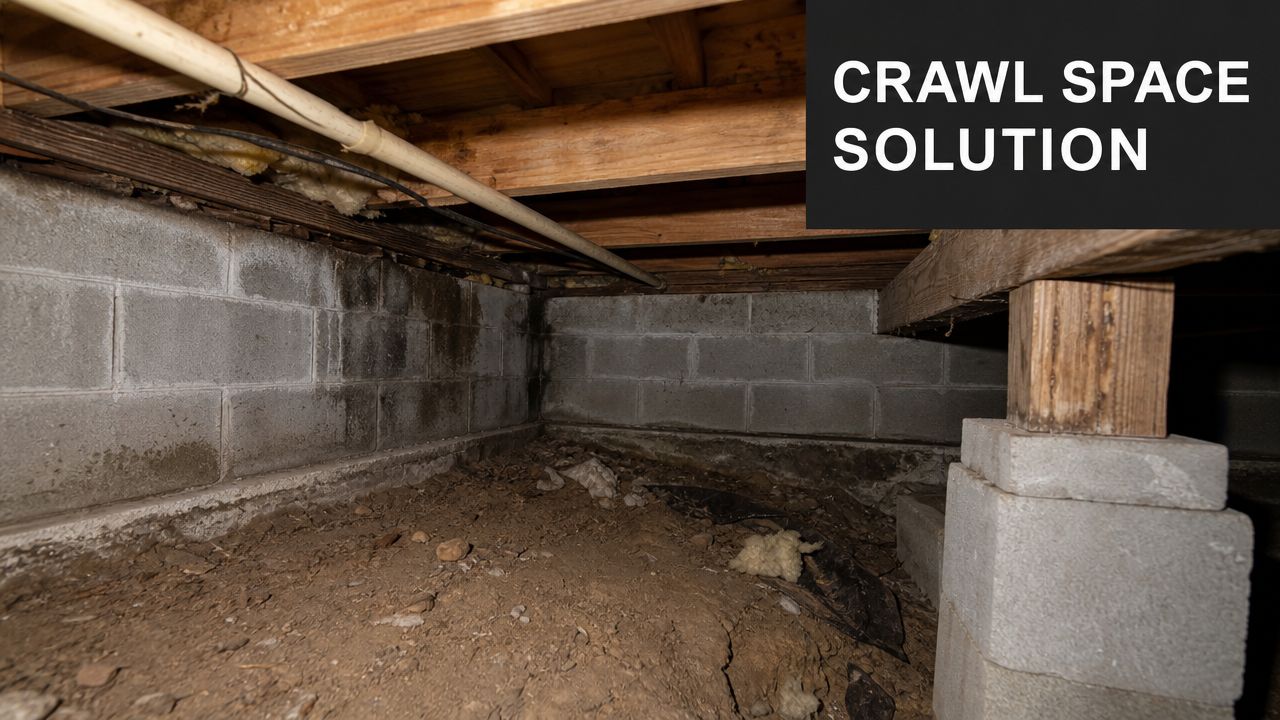 An unfinished crawl space under a house with dirt flooring, concrete block walls, and wooden floor joists.