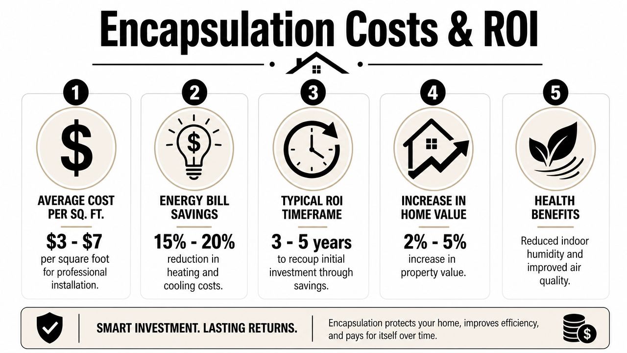 An infographic showing crawl space encapsulation costs, energy savings, ROI timeline, property value increase, and health benefits.