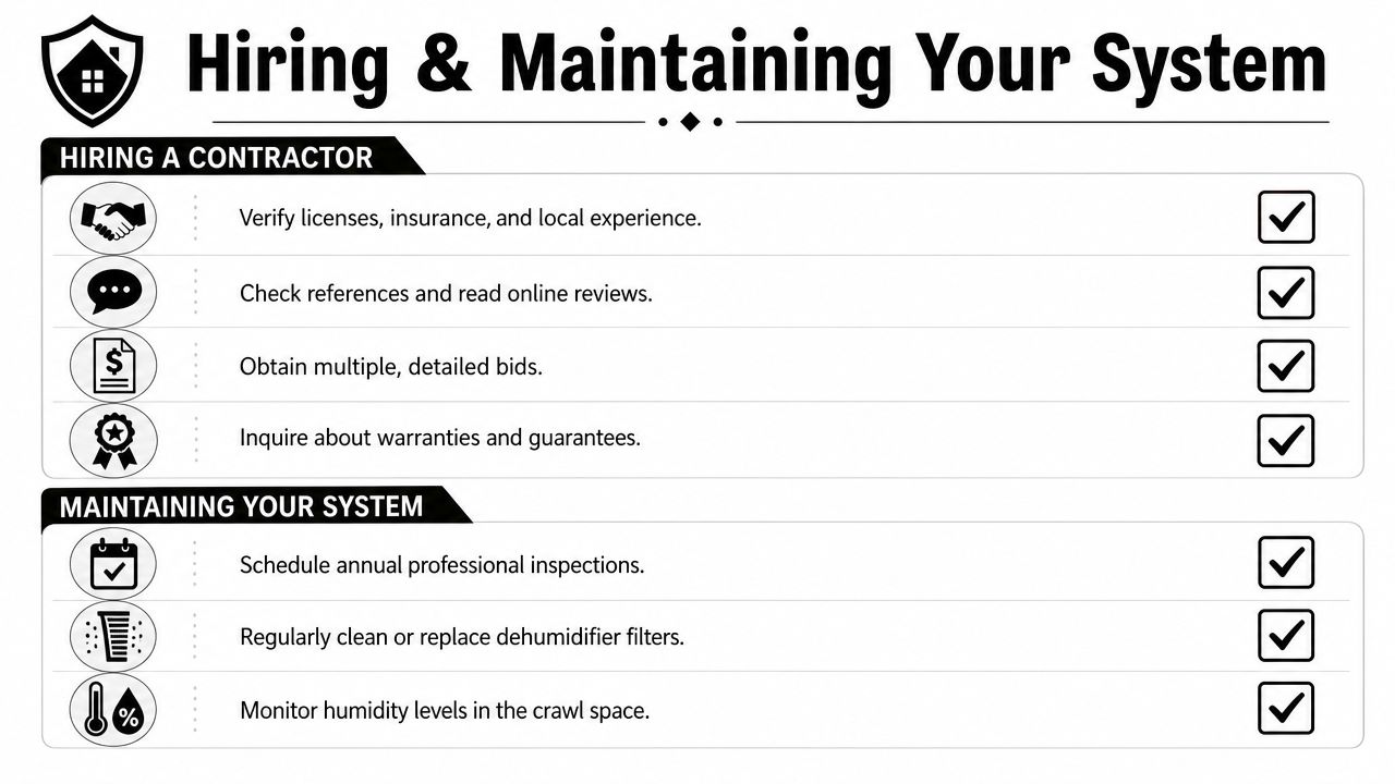 A checklist for homeowners regarding hiring contractors and maintaining their crawl space encapsulation system.