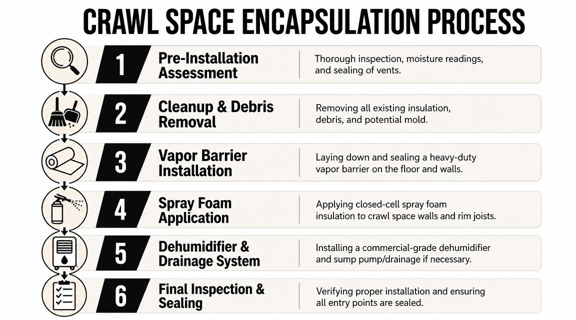 A six-step process infographic illustrating crawl space encapsulation with icons and explanatory text for each phase.
