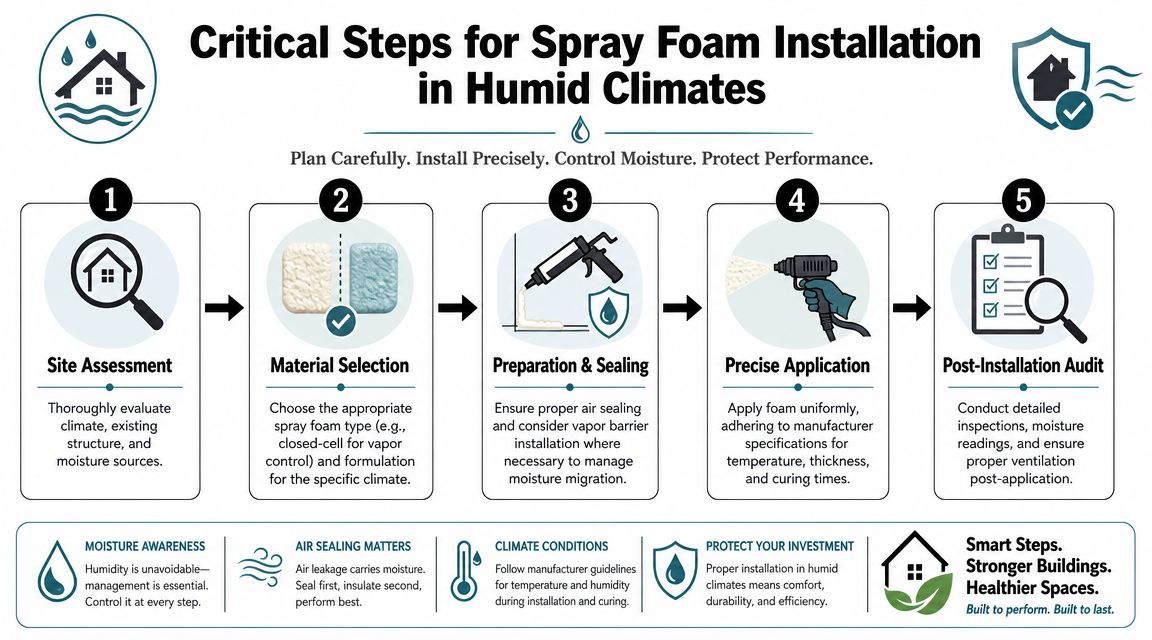 An infographic detailing five critical steps for successful spray foam insulation installation in humid climates.