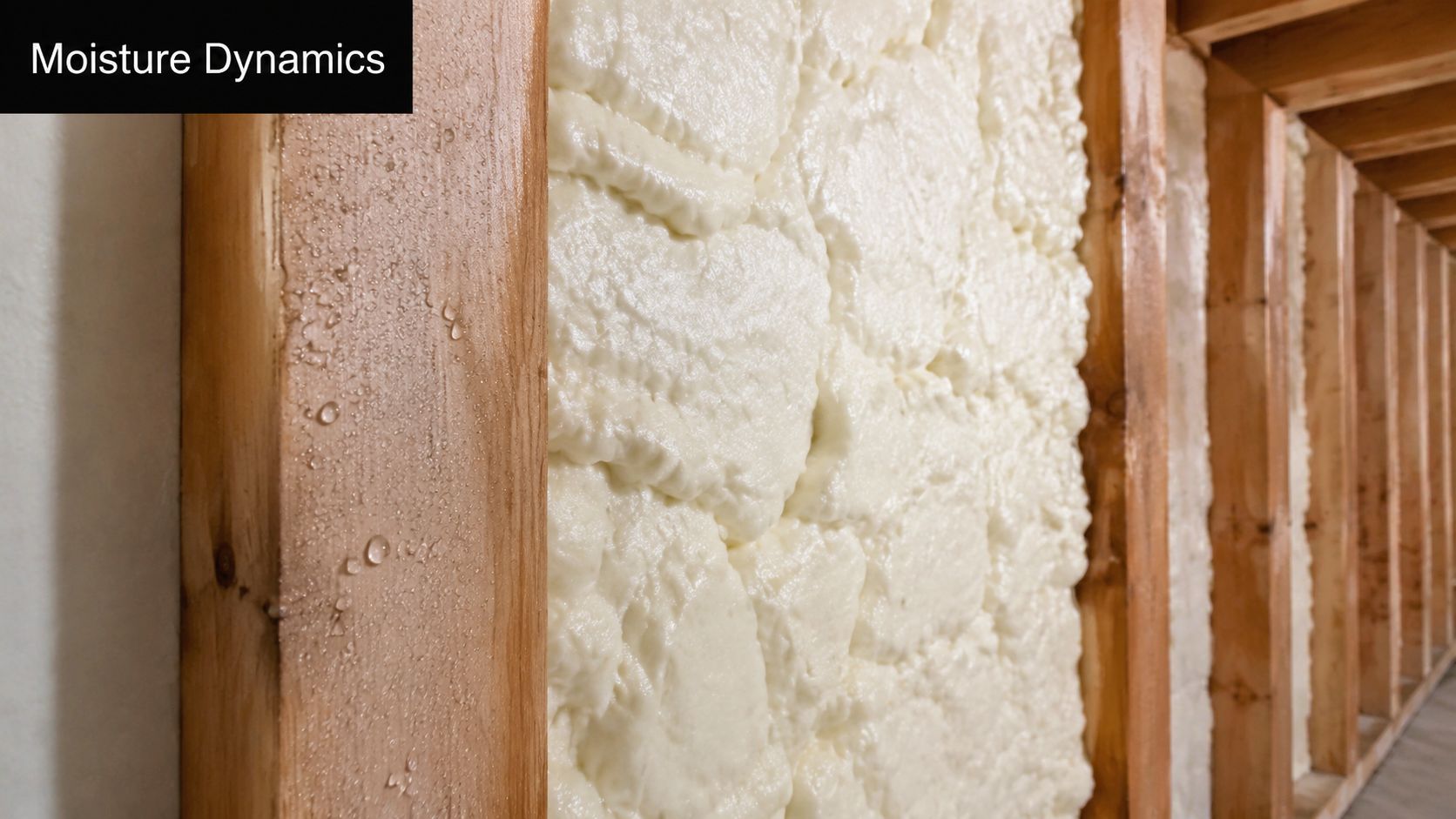 A close-up view of wooden wall studs featuring water droplets next to white spray foam insulation.