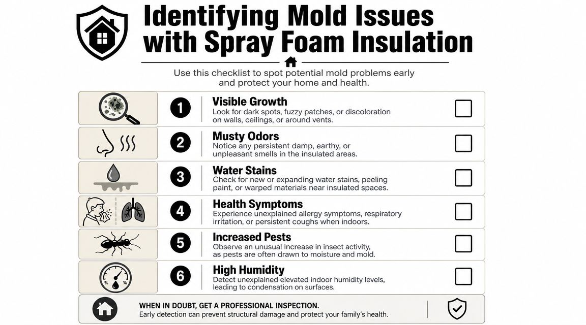 A checklist infographic titled Identifying Mold Issues with Spray Foam Insulation, outlining six warning signs of mold.