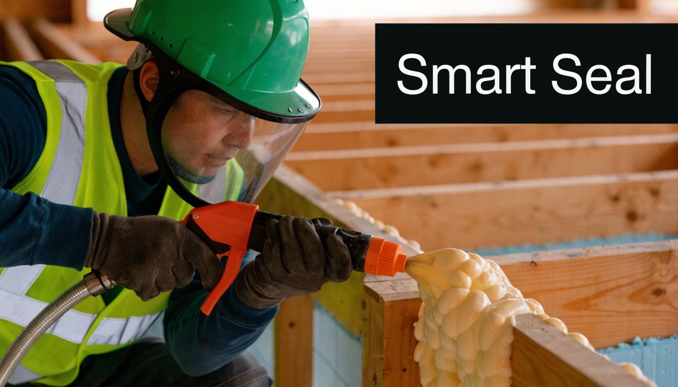 A construction worker in safety gear applying spray foam insulation to wooden floor joists for building sealing.