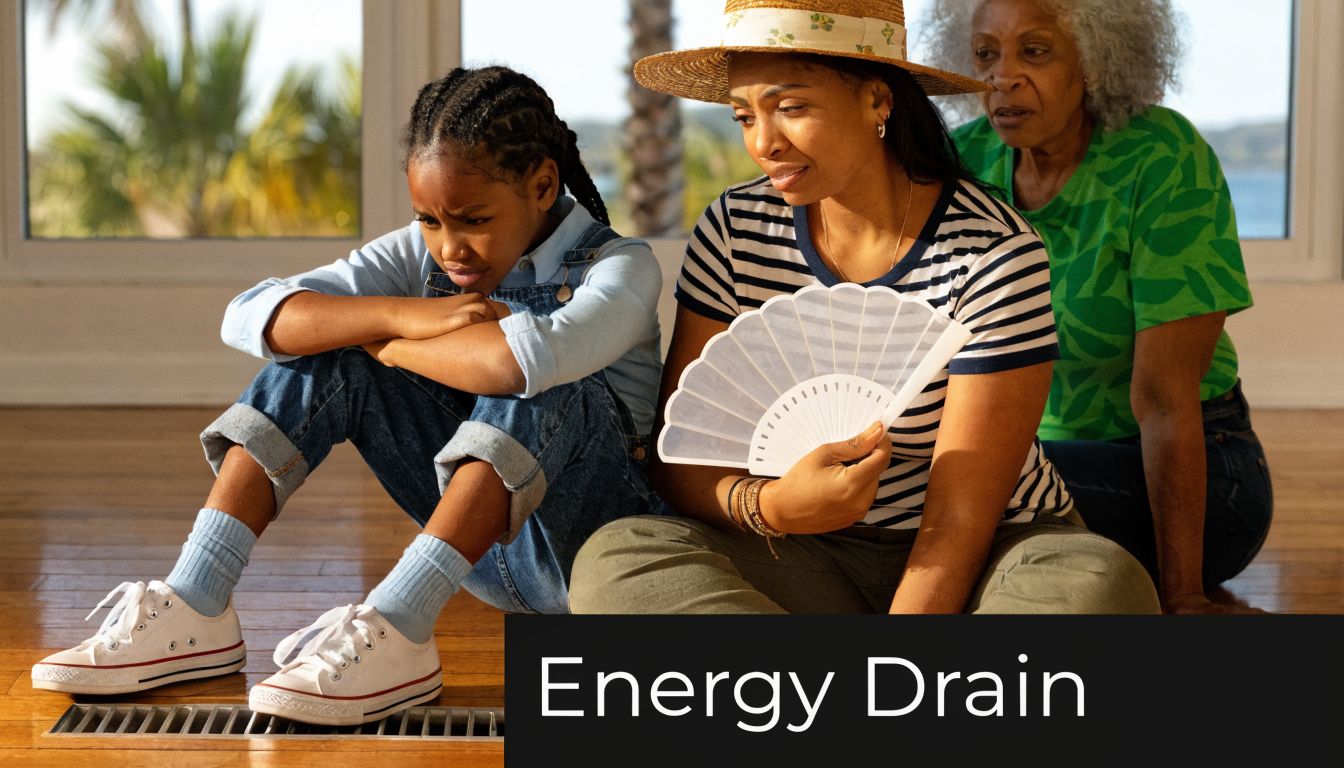 A concerned family sitting on a floor near a vent, representing the issues caused by inadequate home insulation.