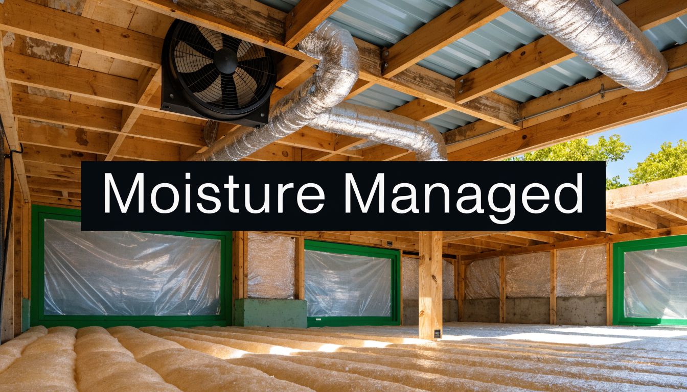 A crawl space featuring spray foam insulation for floor joists and a moisture management ventilation fan system.