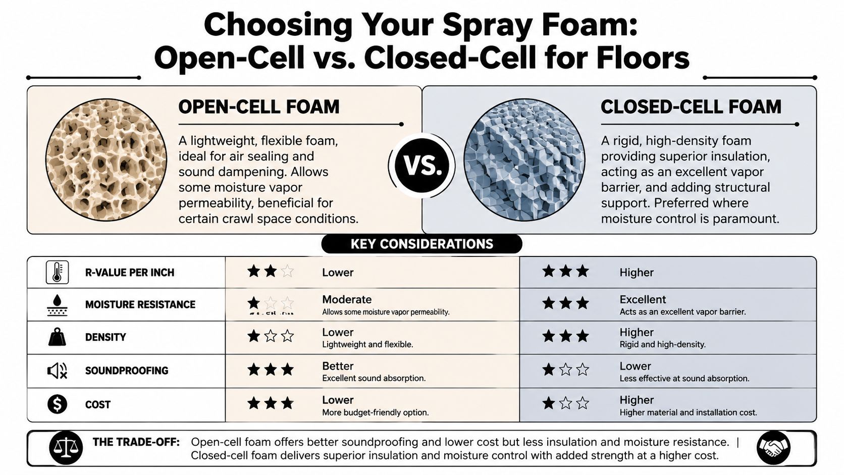 A comparison chart showing the differences between open-cell and closed-cell spray foam insulation for floor applications.