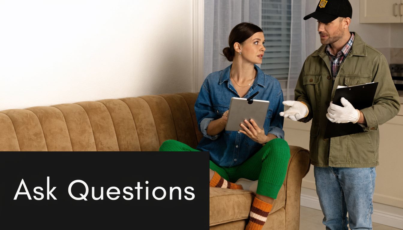A woman holding a tablet consults with a contractor wearing a work cap and gloves at home.