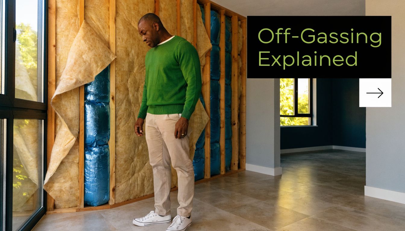 A man standing in a room under construction with exposed fiberglass wall insulation and windows.