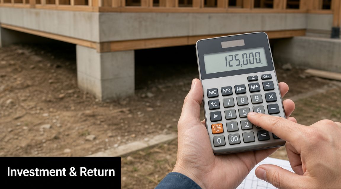 A person holding a calculator displaying 125,000 in front of a construction project of a house foundation.