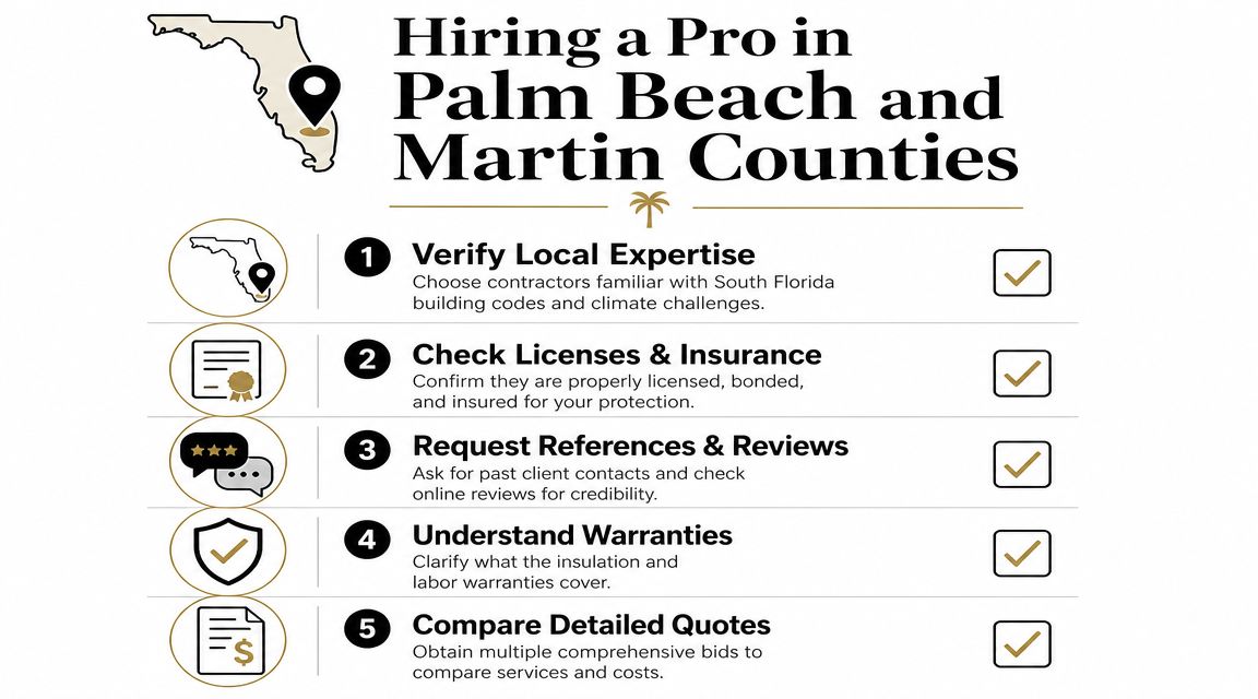 A guide listing five essential steps for hiring a professional contractor in Palm Beach and Martin counties.