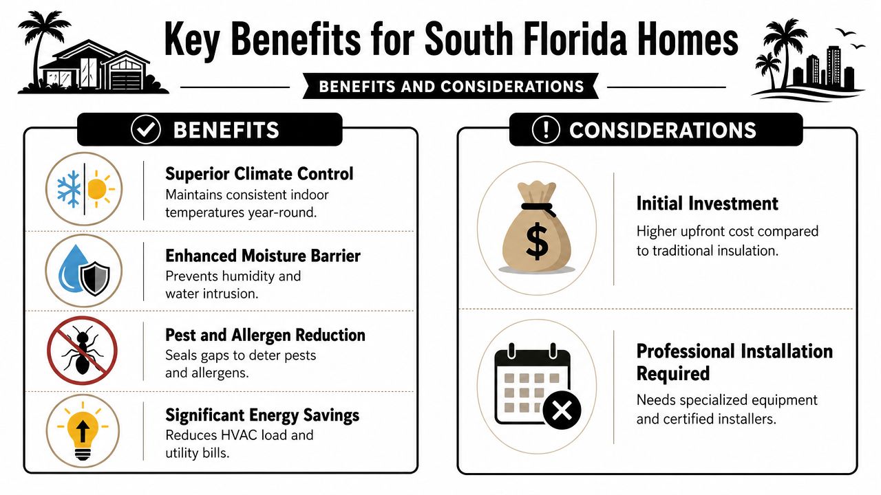 An infographic showing the benefits and considerations of spray foam insulation for South Florida homes.