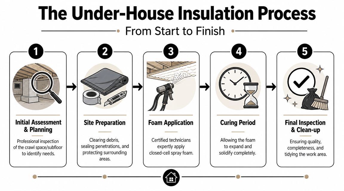 A five-step infographic showing the professional process of installing spray foam insulation under a residential house.