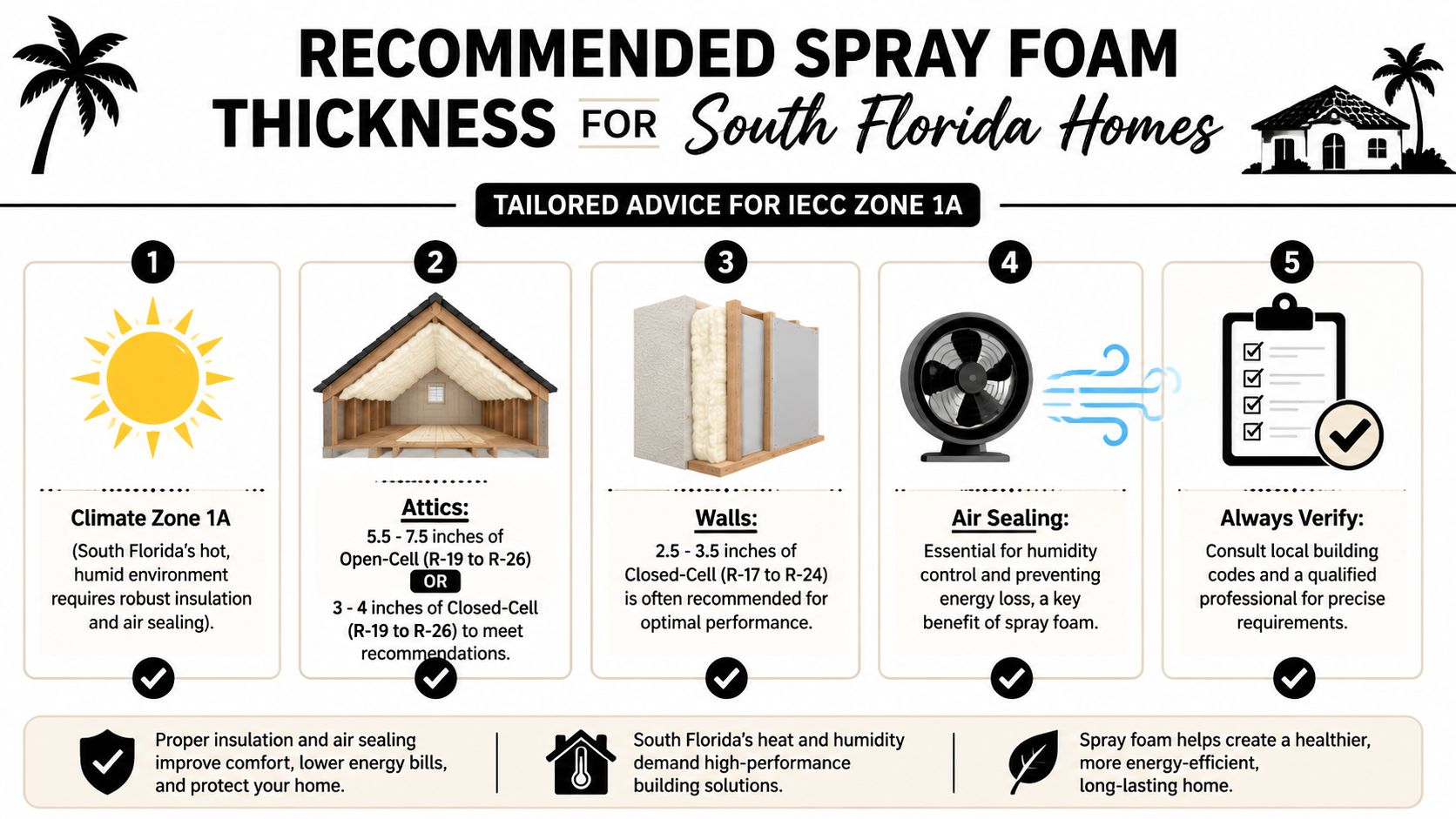 An infographic detailing recommended spray foam insulation thickness for homes in South Florida's IECC climate zone 1A.