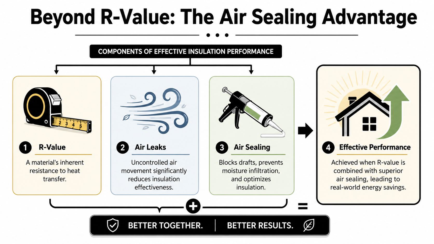An infographic showing that combining R-value and air sealing leads to effective insulation performance and energy savings.