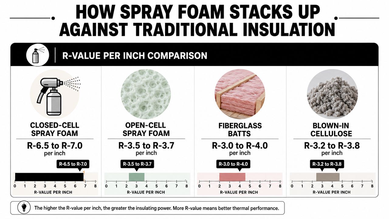 A comparison chart showing R-value ratings per inch for closed-cell foam, open-cell foam, fiberglass batts, and cellulose insulation.