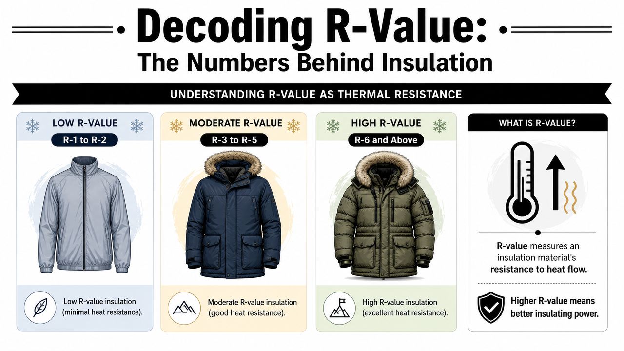 An infographic illustrating R-values with jackets, explaining that higher numbers indicate better thermal insulation resistance.
