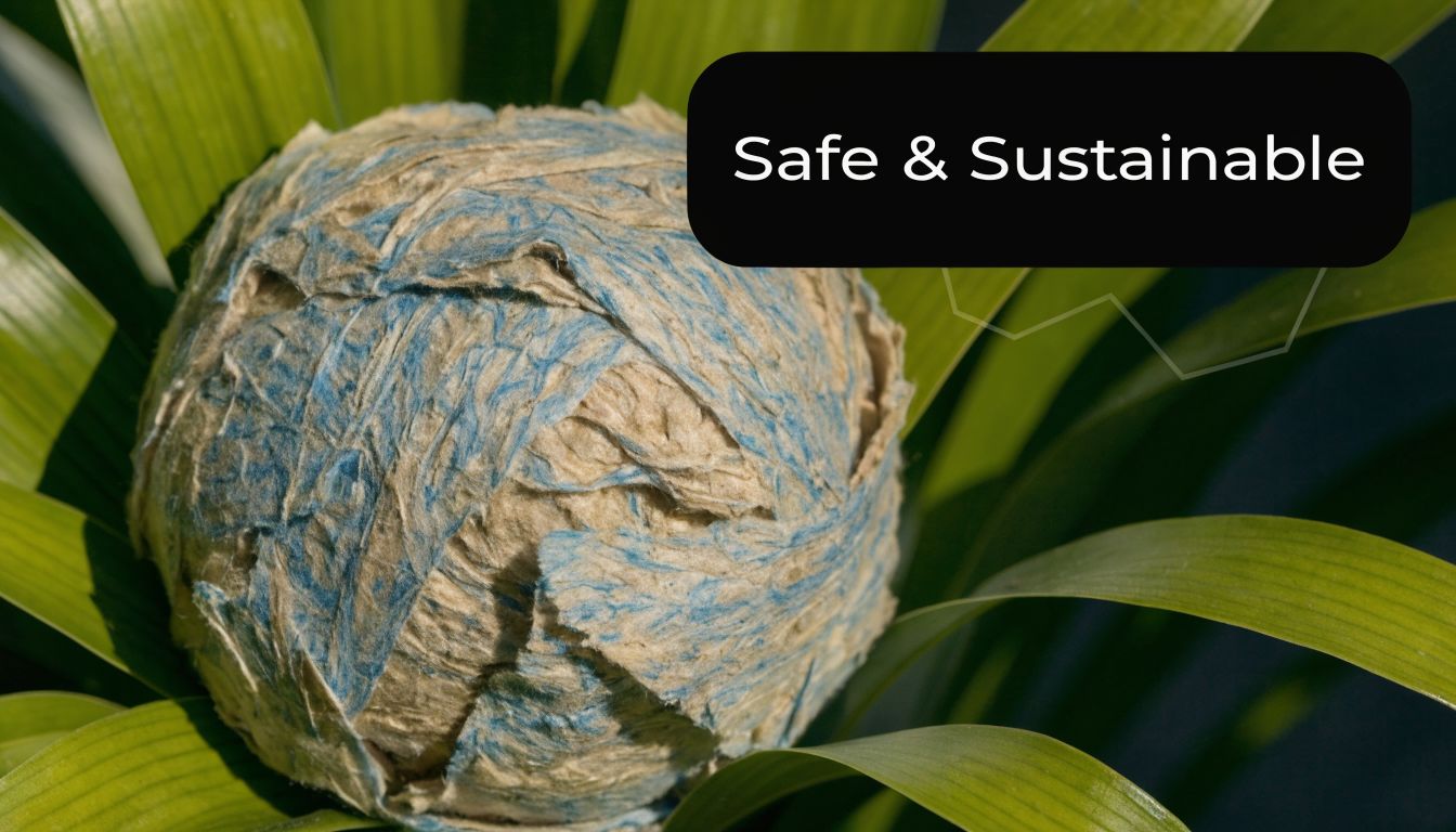 A close-up of a ball of cellulose insulation material nestled among bright green plant leaves.