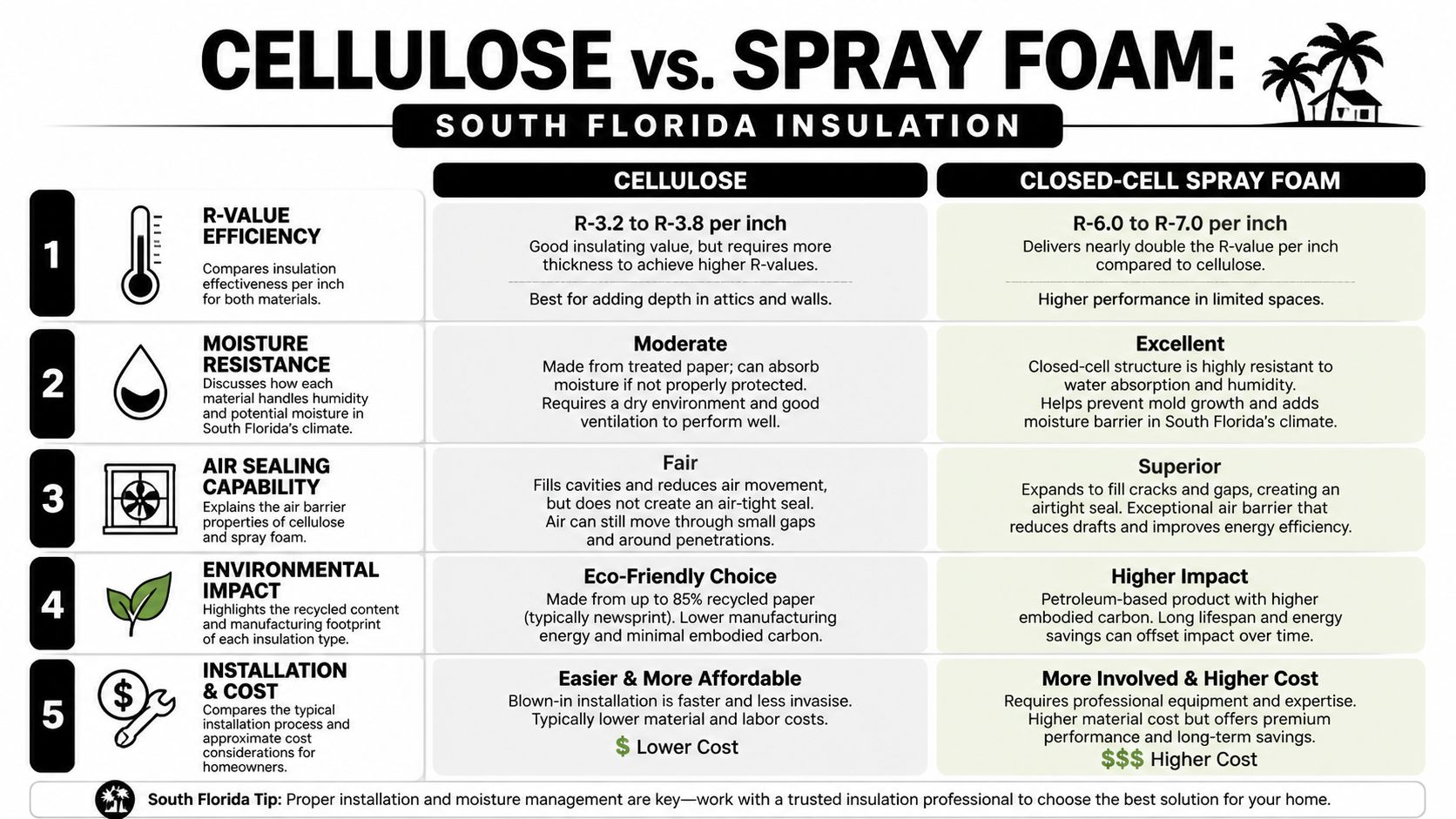 A comparison chart outlining the differences between cellulose and closed-cell spray foam insulation for South Florida homes.