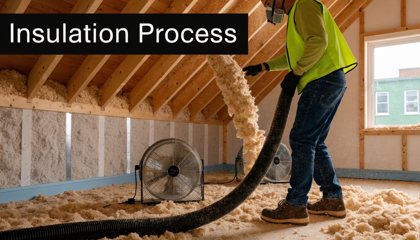 A professional construction worker installing loose-fill cellulose insulation in an unfinished attic space using a blower hose.