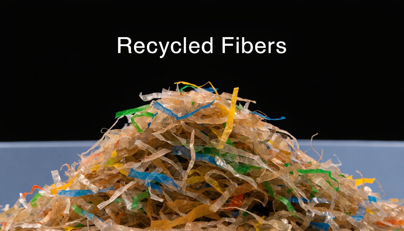 A pile of shredded recycled fibers in shades of brown, green, yellow, and blue against black.