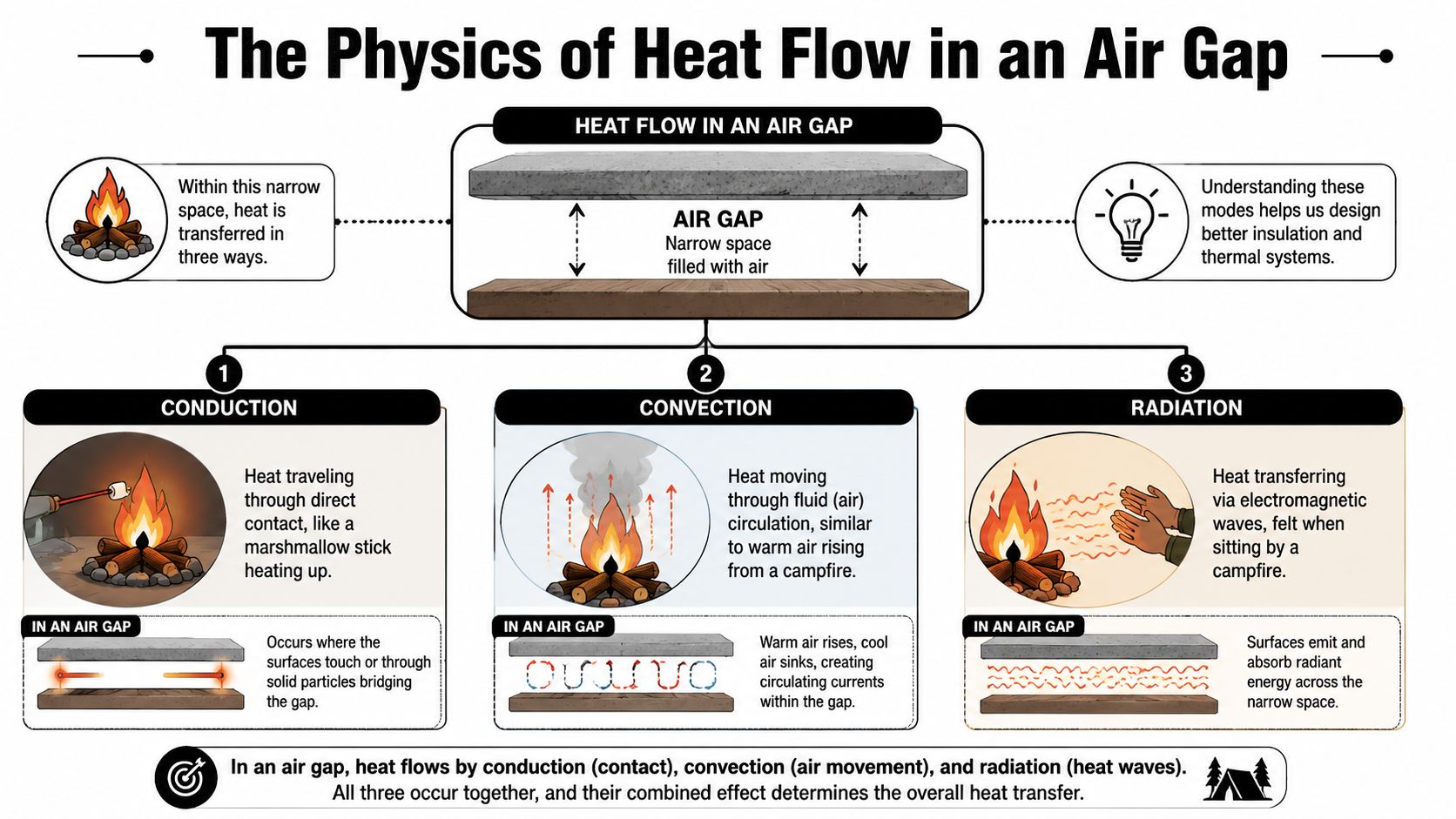 A diagram explaining the three modes of heat transfer, conduction, convection, and radiation, within an air gap.