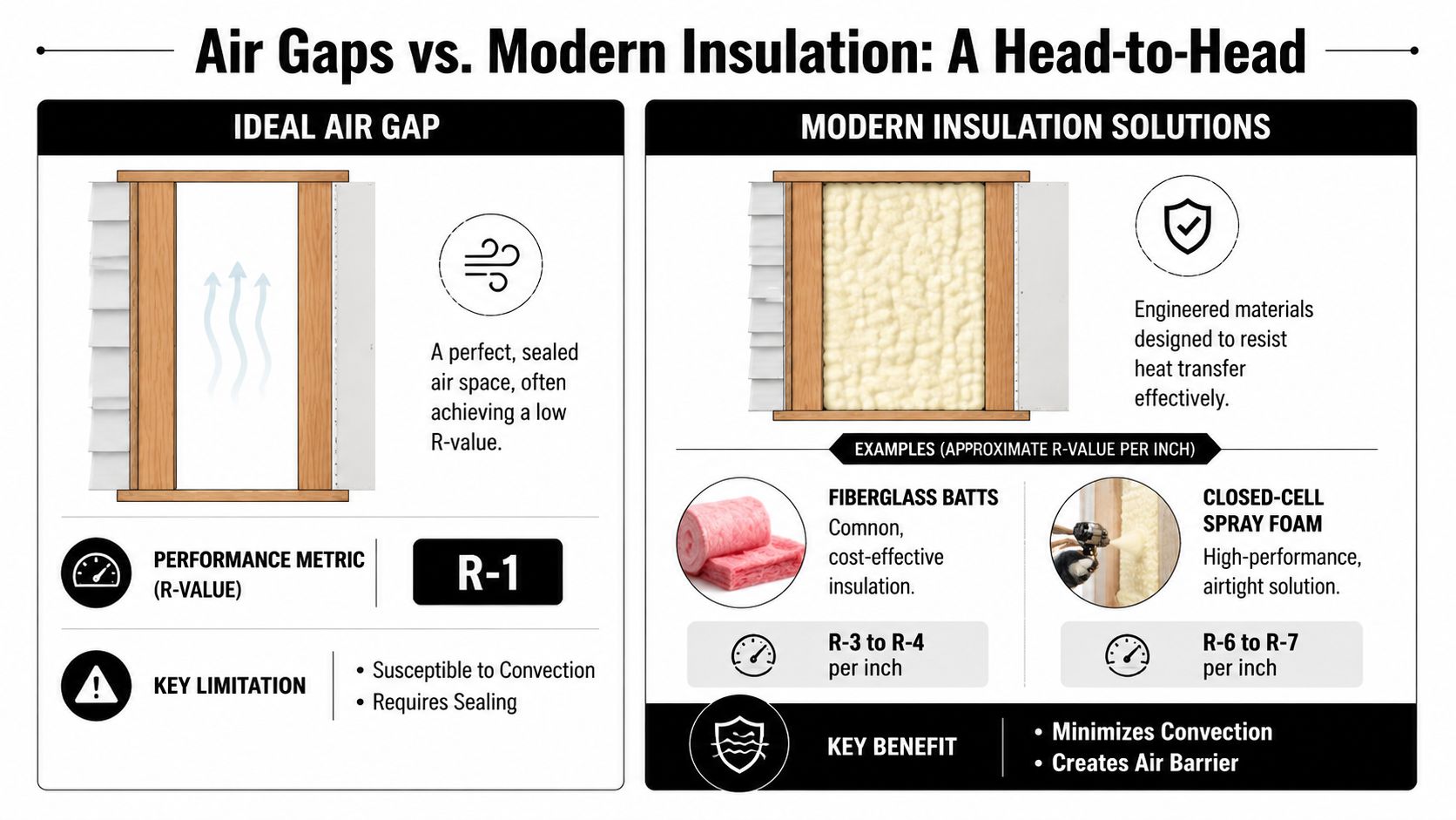 A comparative infographic showing the R-value performance differences between empty air gaps and modern insulation materials.