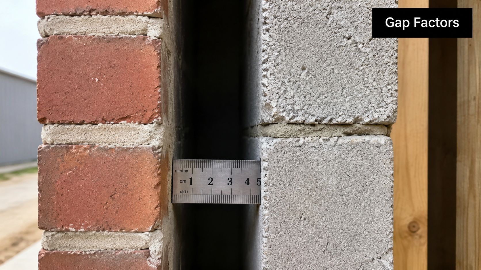 A close-up view of a construction site showing a measured air gap between brick and block walls.