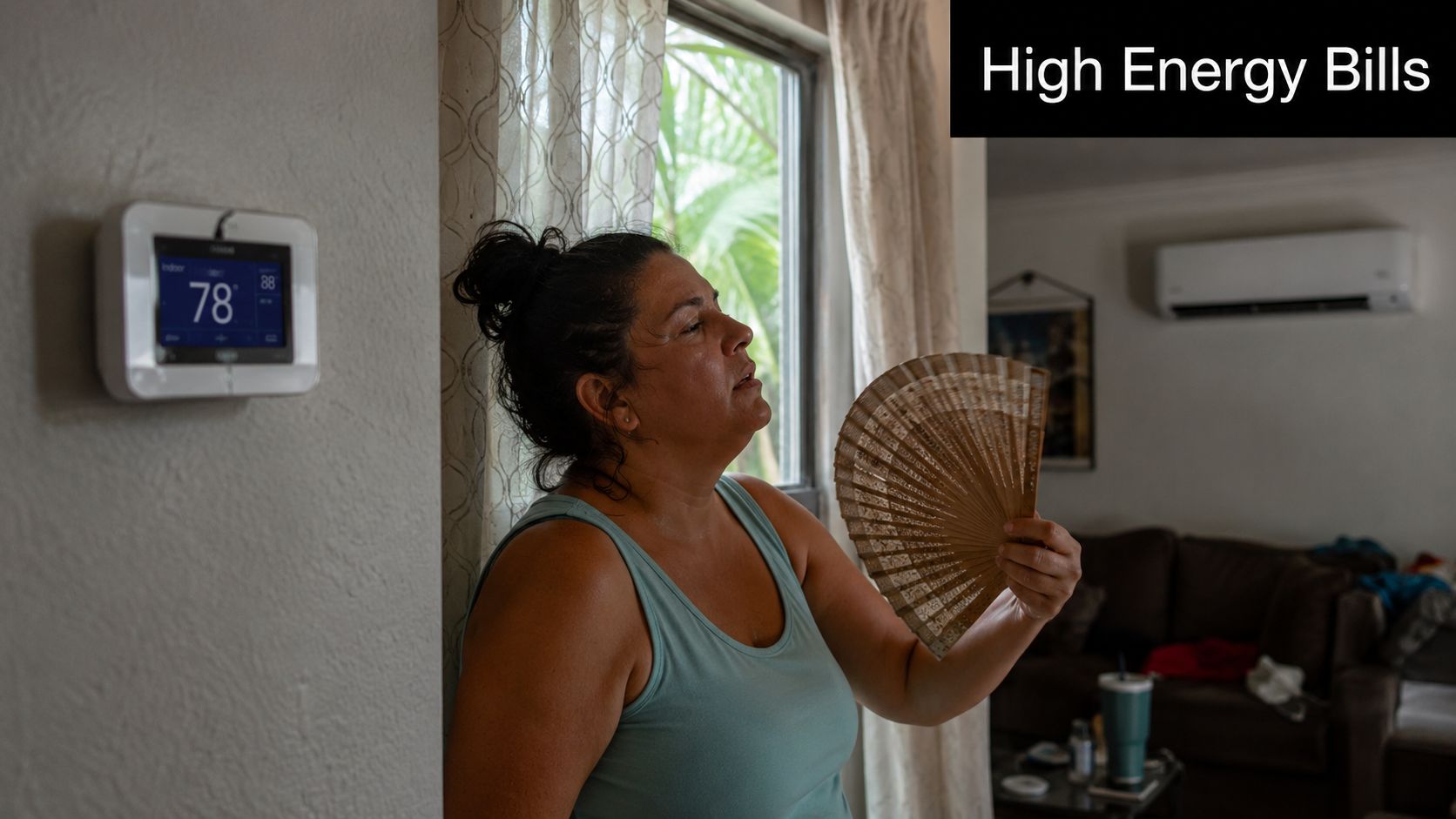 A woman feeling hot and using a hand fan near an air conditioning thermostat set to 78 degrees.