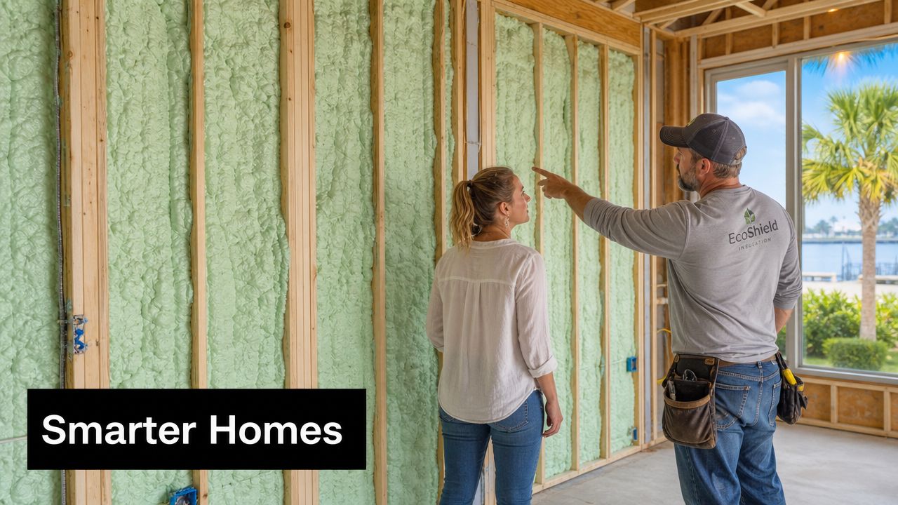 A professional insulation contractor explains spray foam insulation installation to a homeowner inside an unfinished home.