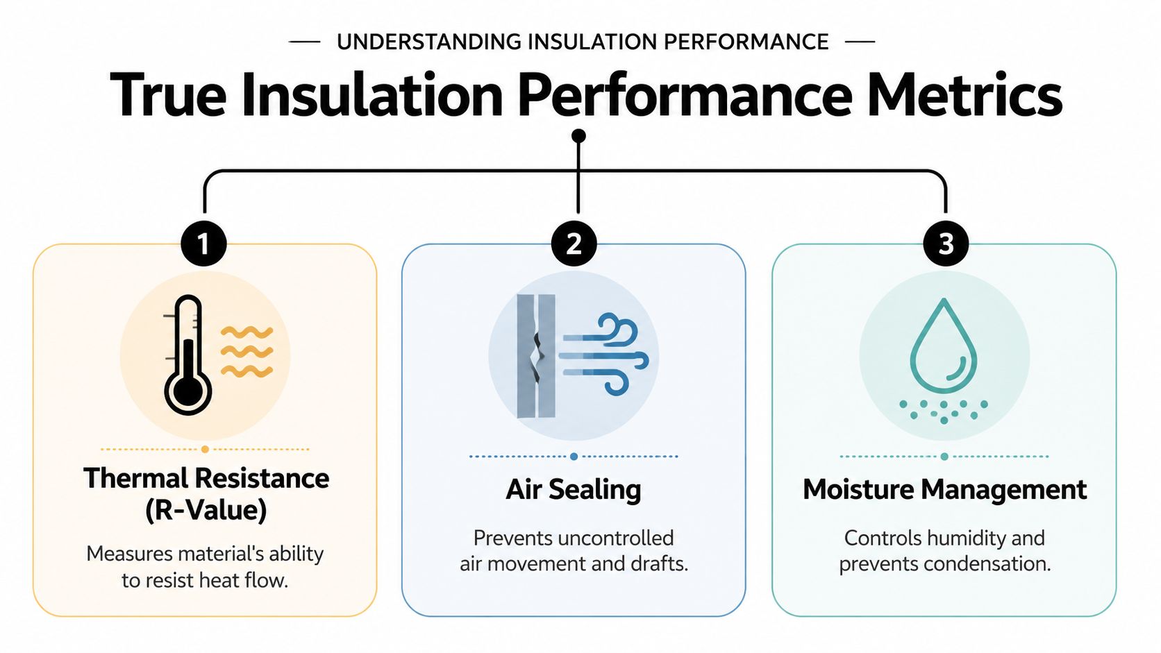 An infographic titled True Insulation Performance Metrics, illustrating thermal resistance, air sealing, and moisture management for buildings.