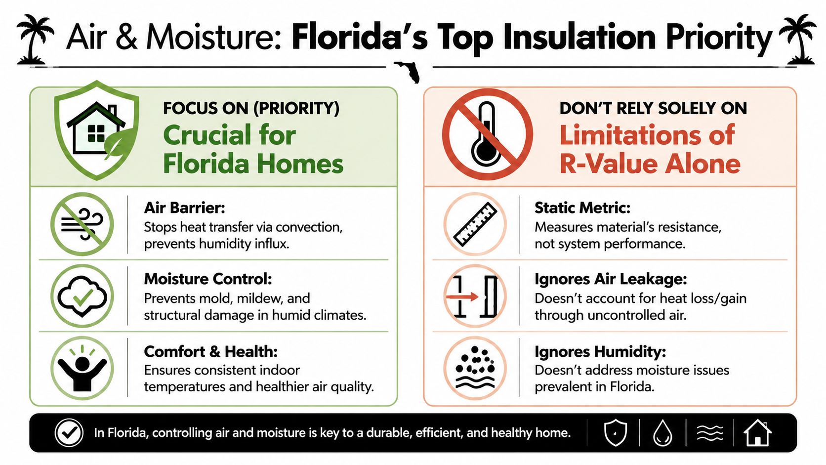 An infographic explaining why air and moisture control are critical priorities for home insulation in Florida.