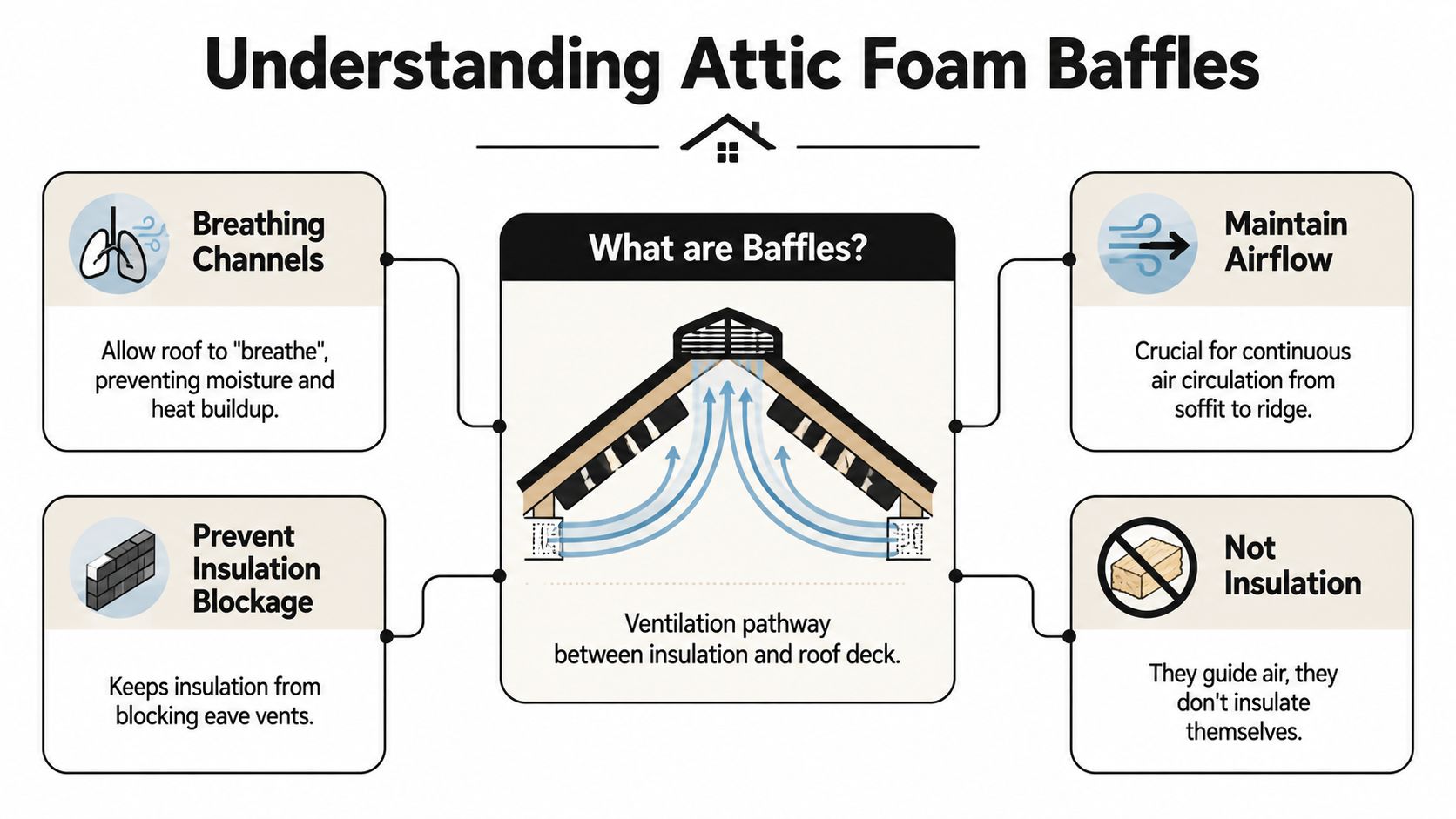 A diagram explaining attic foam baffles, highlighting their role in maintaining airflow and preventing insulation blockages.