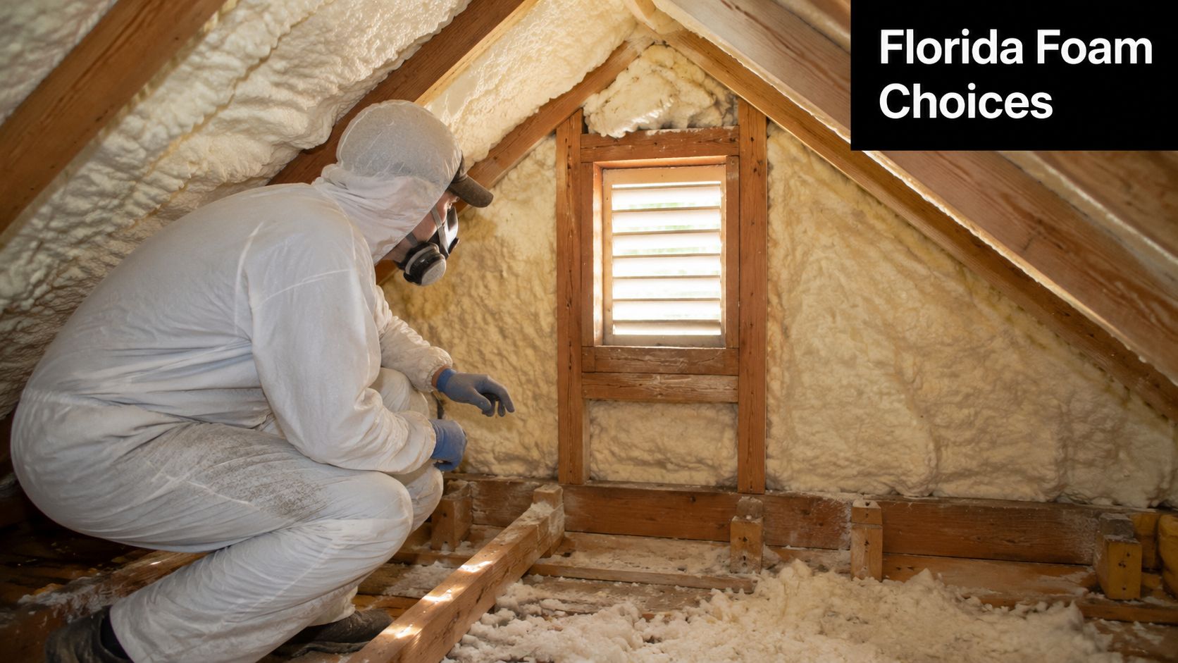 A professional in protective gear inspects spray foam insulation applied to the roof rafters of an attic.