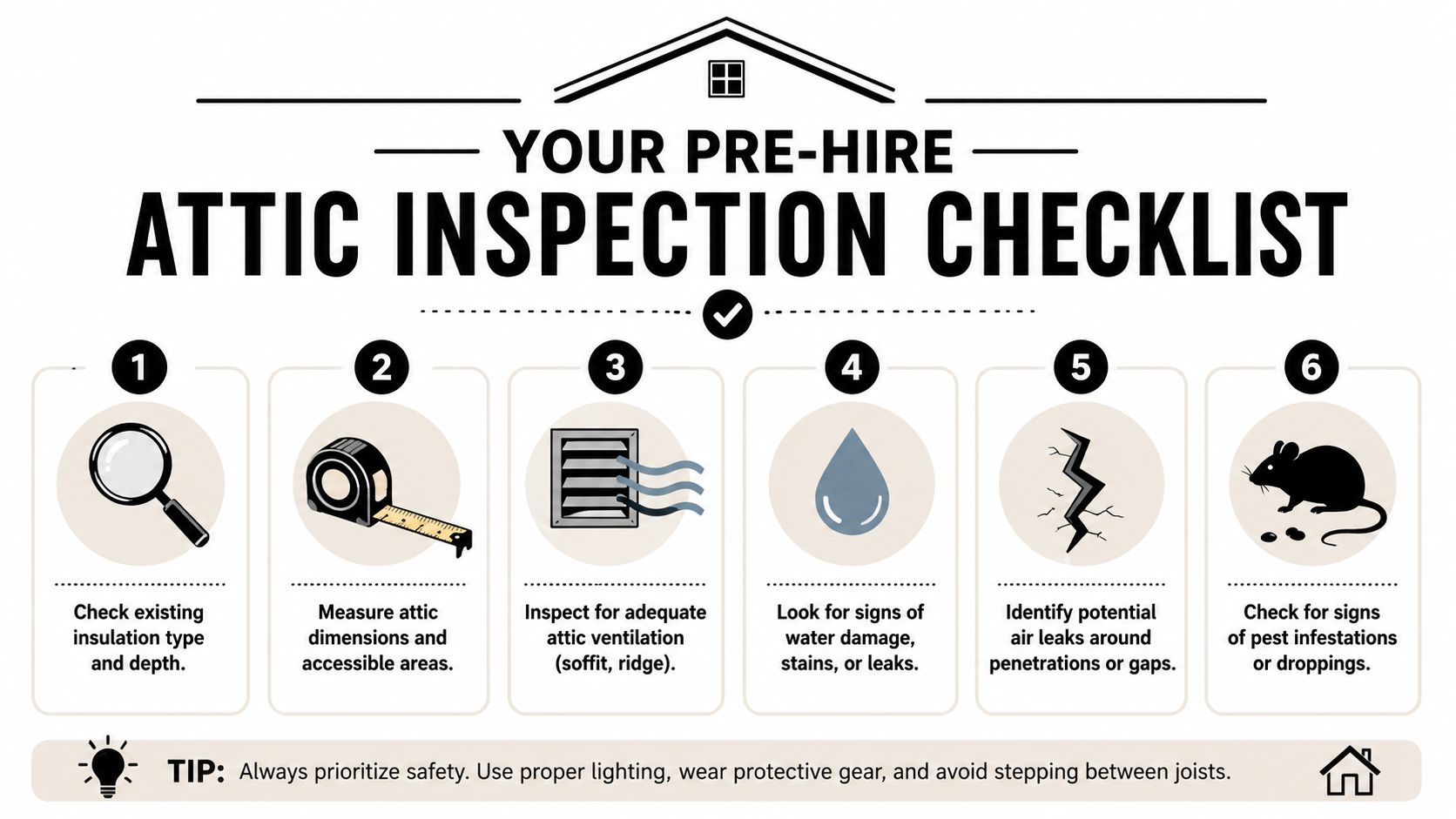 A checklist of six steps for inspecting an attic, including checking insulation, ventilation, and signs of pests.