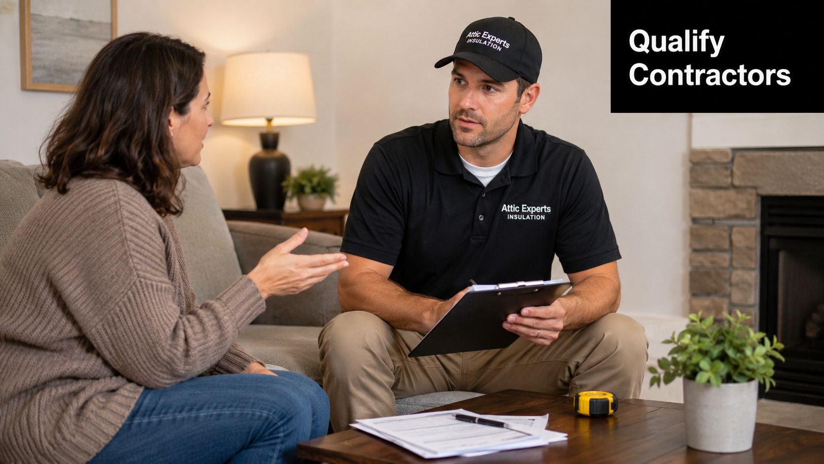 A professional insulation contractor in a branded uniform discussing home energy efficiency with a female homeowner.