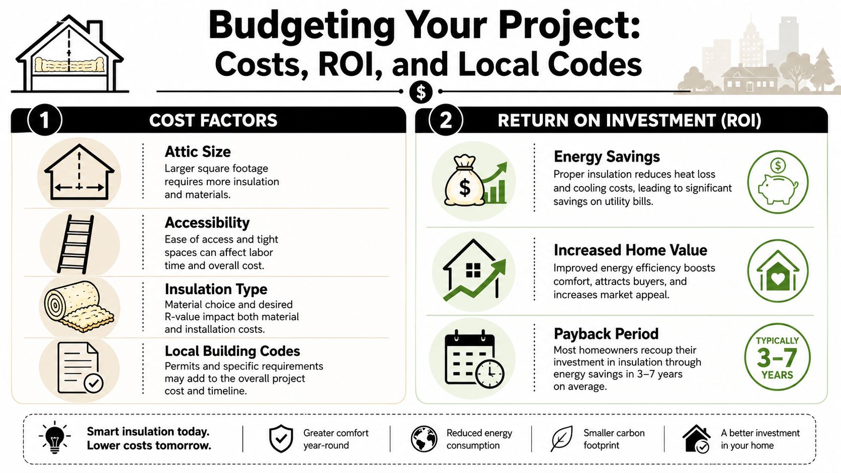 An infographic detailing the budget factors, ROI, and local code considerations for home attic insulation projects.
