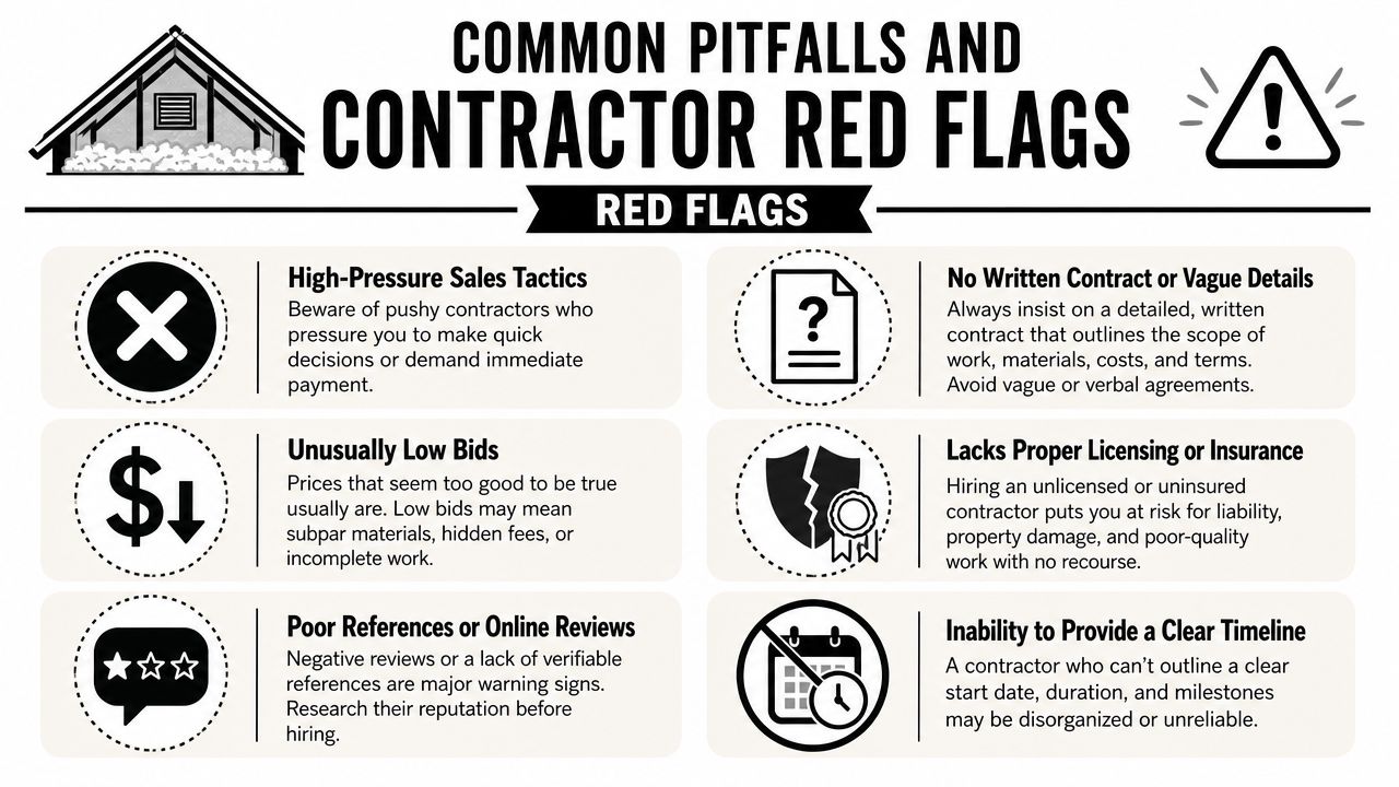 An infographic detailing common red flags and pitfalls when hiring professional attic insulation contractors or construction workers.