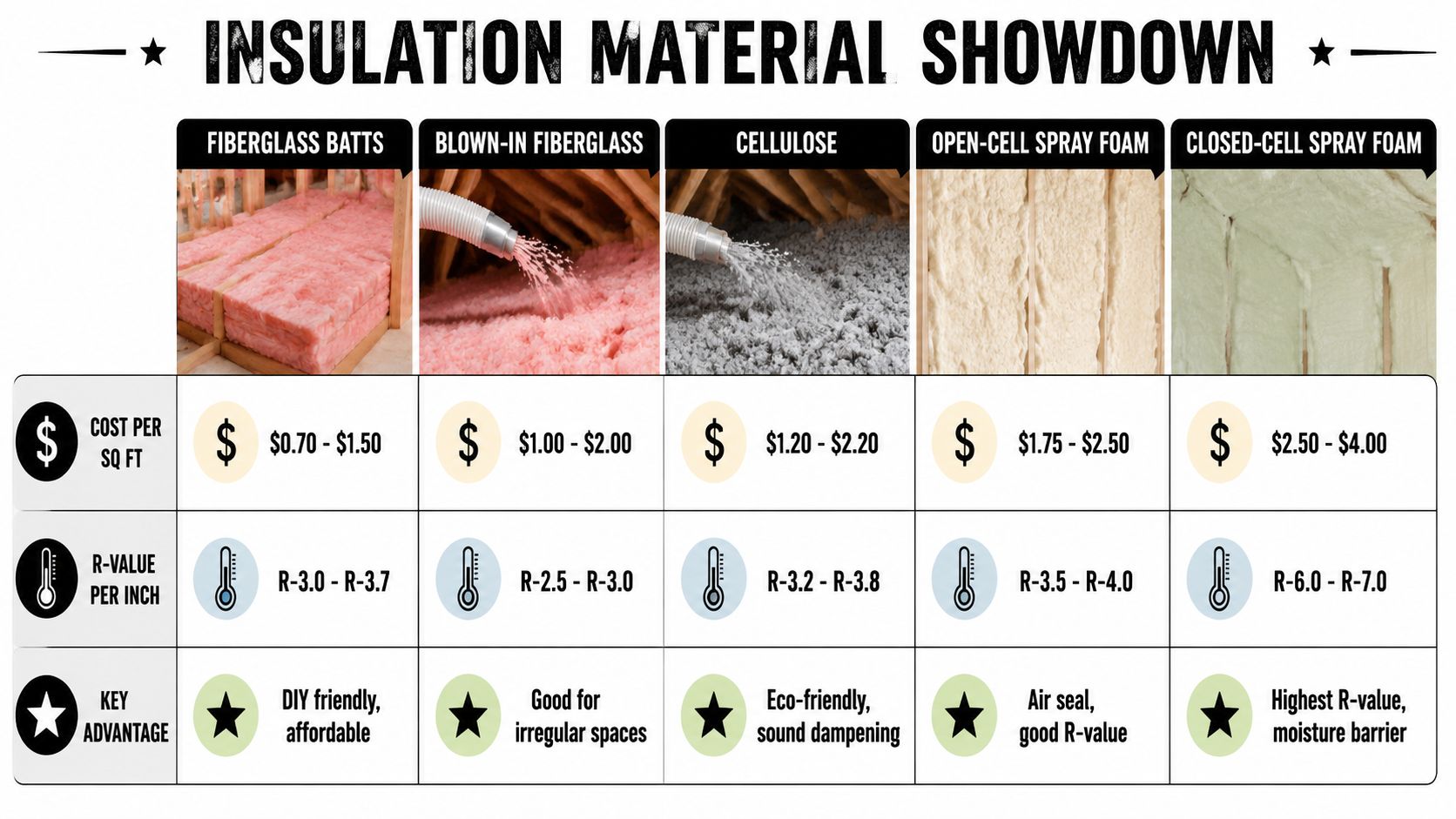 A comparison chart showing costs, R-values, and key advantages for five different home insulation materials.