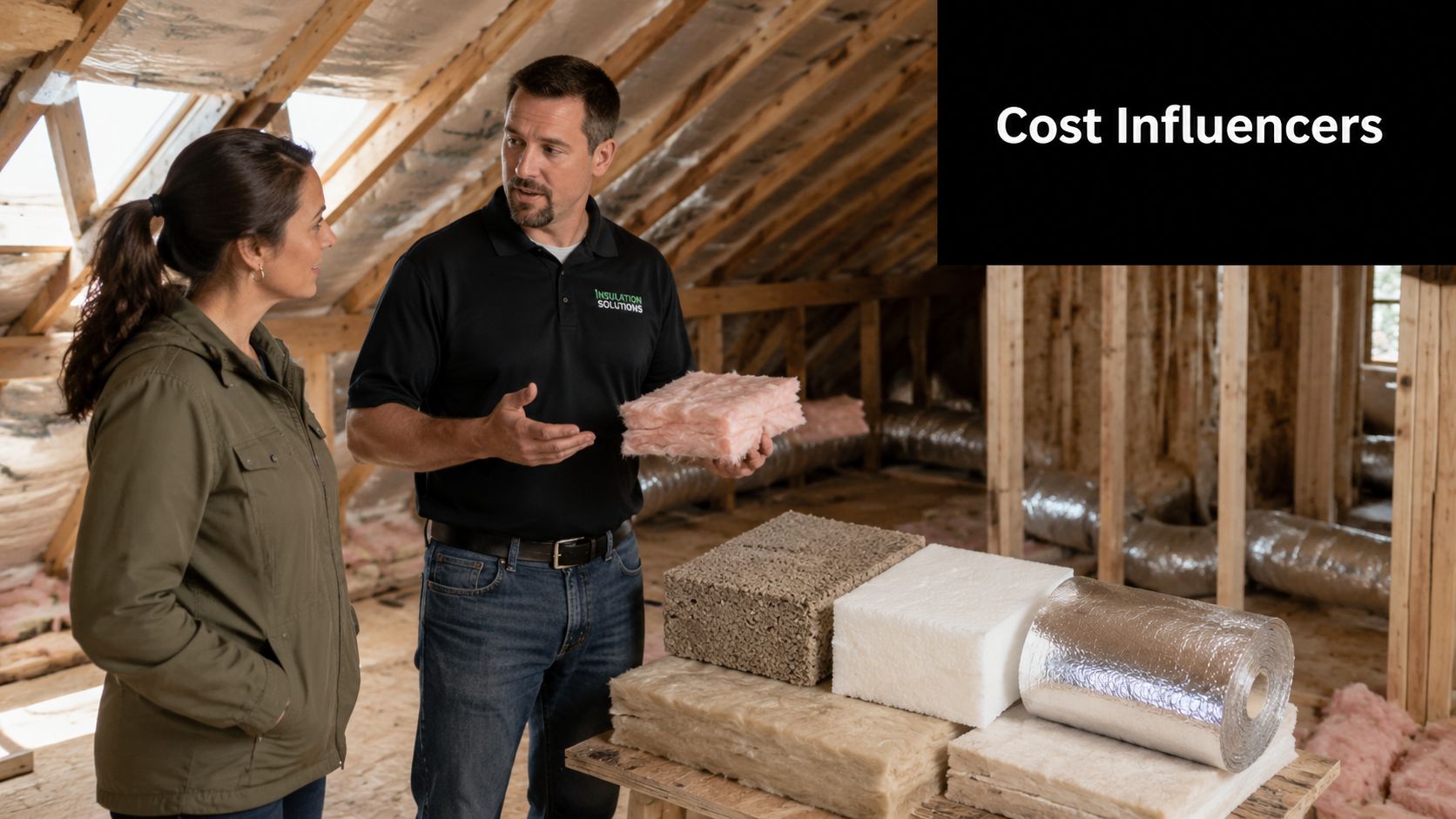 An insulation contractor explaining different material options to a homeowner inside an unfinished residential attic space.
