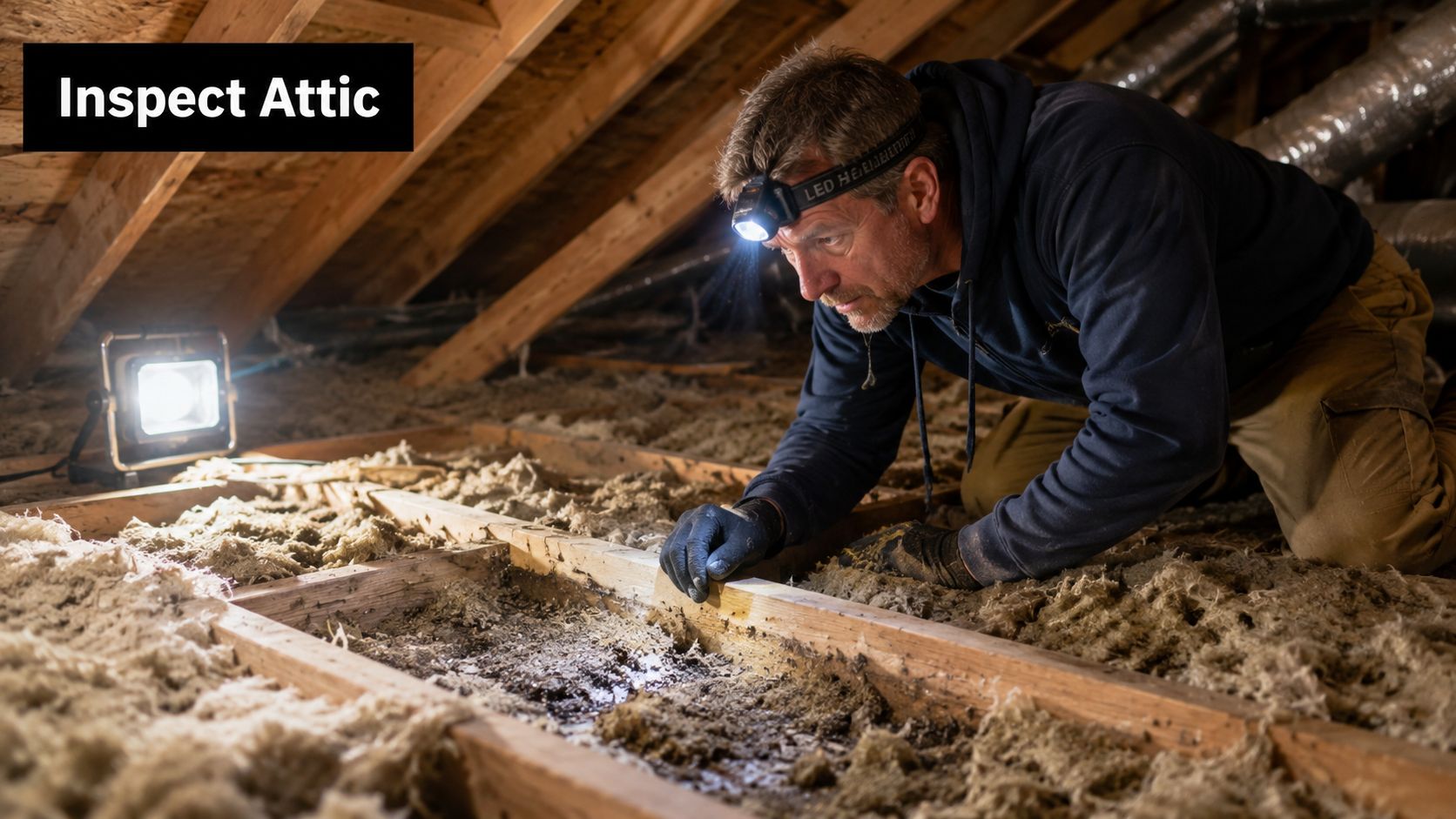 A professional inspector in an attic examining damaged insulation with a headlamp and a portable floodlight.