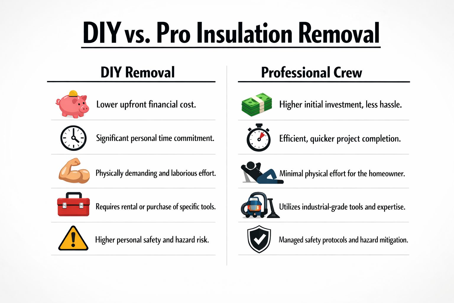 A comparison chart showing the advantages and disadvantages of DIY versus professional attic insulation removal services.
