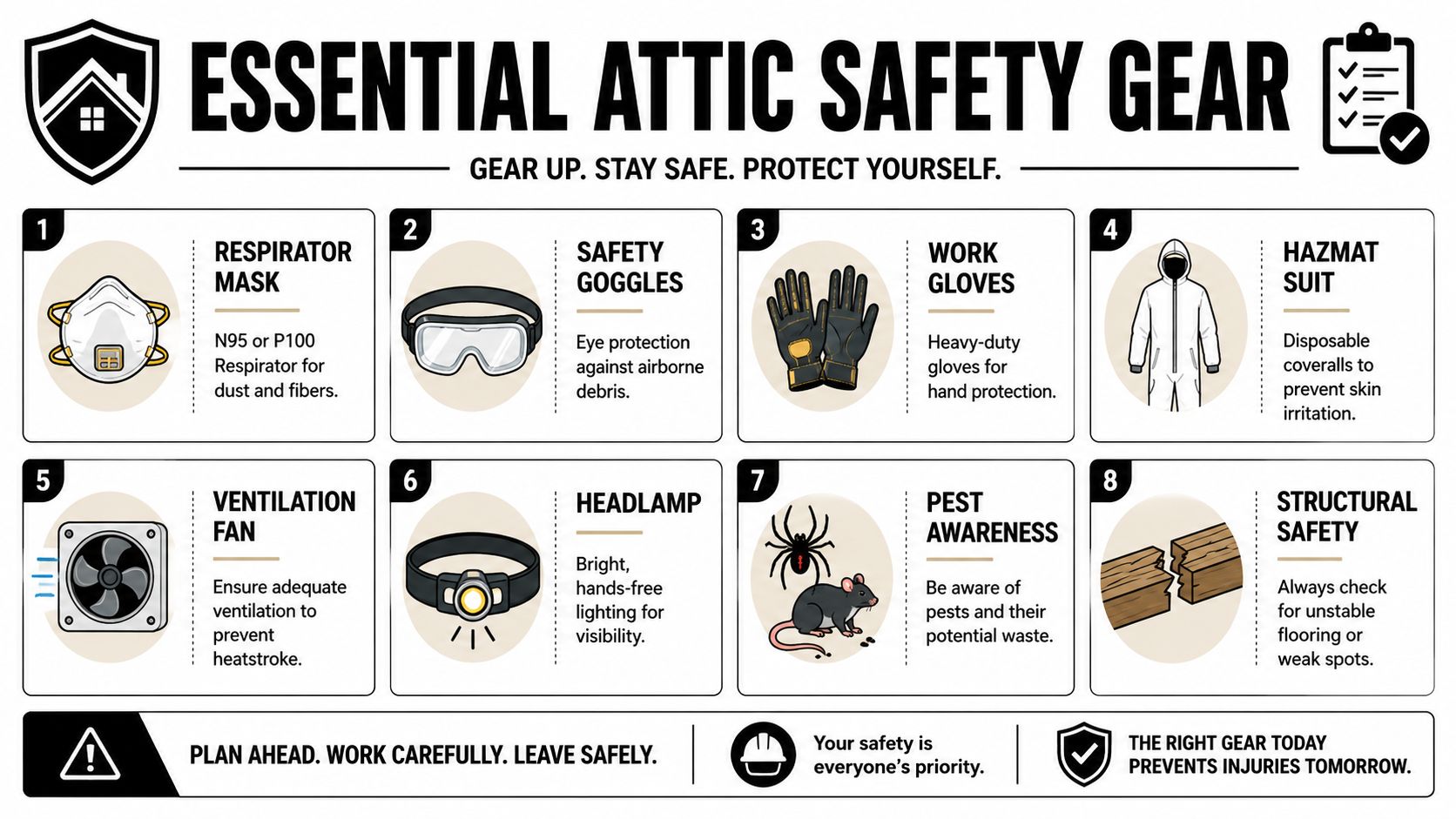 An infographic titled Essential Attic Safety Gear showing eight important protective items for attic maintenance and safety.