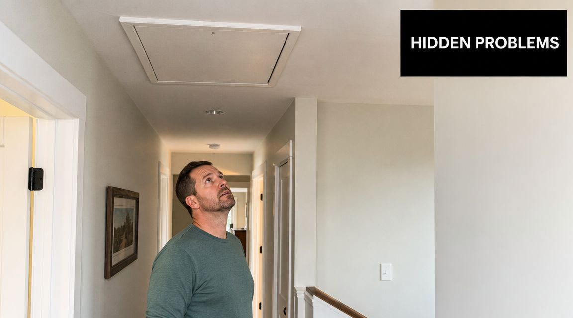 A man in a hallway looks up at an attic access panel in the ceiling.
