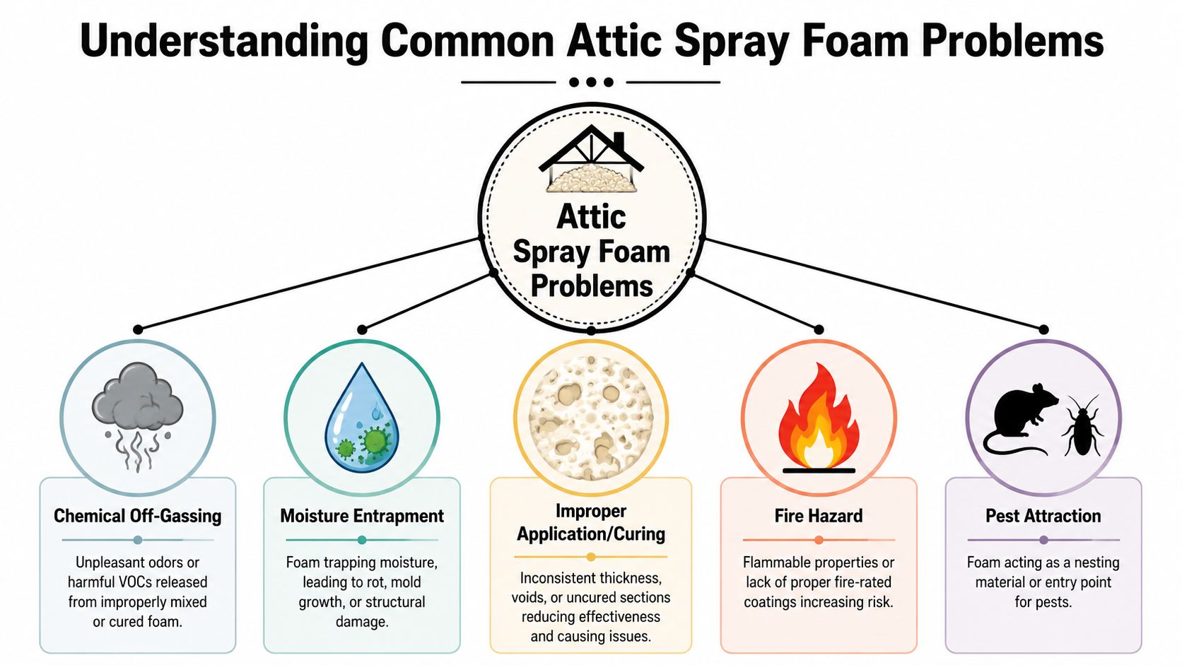 A diagram outlining five common attic spray foam problems, including chemical off-gassing, moisture, application, fire, and pests.